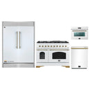 Forno 4-Piece Appliance Package - 48-Inch Antico Gas Range, 60-Inch Refrigerator, Dishwasher, & 24-Inch Microwave Oven in White with Antique Brass Handle