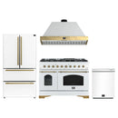 Forno Antico 4-Piece Appliance Package - 48-Inch Gas Range, 48-Inch Hood, 36-Inch Refrigerator, & 24-Inch Dishwasher in White with Antique Brass Trim