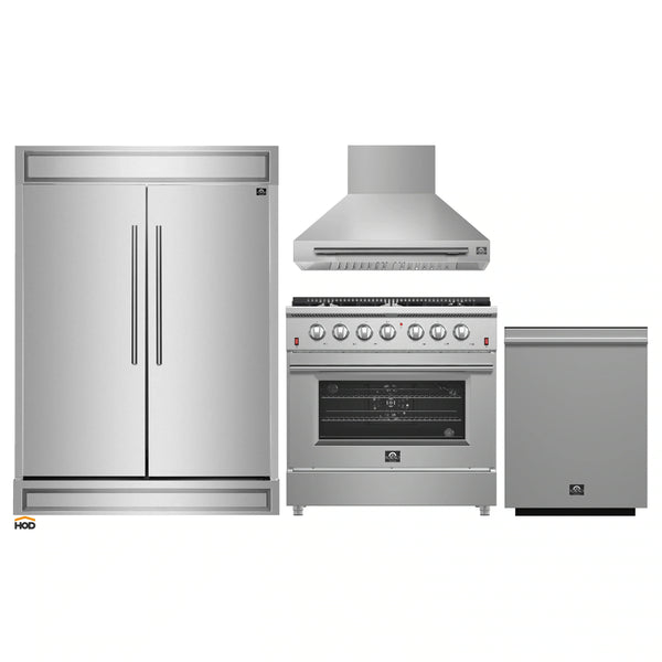 Forno 4-Piece Appliance Package - 36-Inch Gas Range, Wall Mount Range Hood, 60-Inch Built-In Convertible Refrigerator, and Dishwasher in Stainless Steel