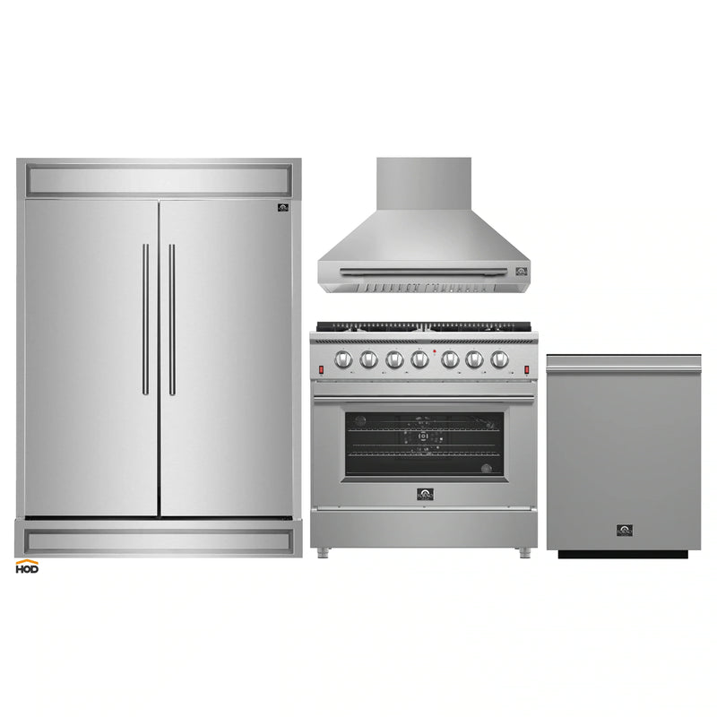 Forno 4-Piece Appliance Package - 36-Inch Gas Range, Wall Mount Range Hood, 60-Inch Built-In Convertible Refrigerator, and Dishwasher in Stainless Steel