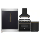 Forno 4-Piece Appliance Package - 36-Inch Gasl Fuel Range, Wall Mount Range Hood, 60-Inch Built-In Convertible Refrigerator, and Dishwasher in Black with Antique Brass Handle