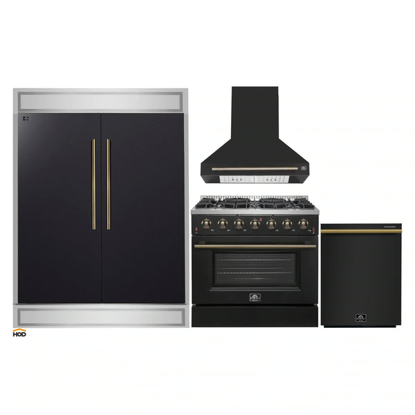 Forno 4-Piece Appliance Package - 36-Inch Gasl Fuel Range, Wall Mount Range Hood, 60-Inch Built-In Convertible Refrigerator, and Dishwasher in Black with Antique Brass Handle