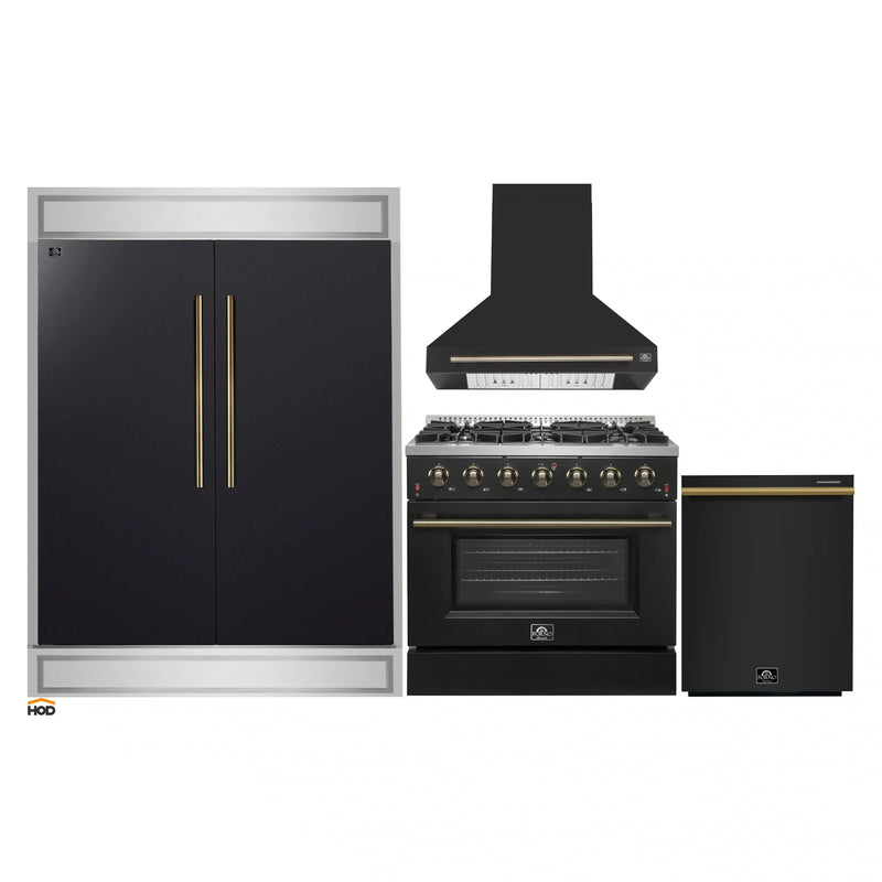 Forno 4-Piece Appliance Package - 36-Inch Gasl Fuel Range, Wall Mount Range Hood, 60-Inch Built-In Convertible Refrigerator, and Dishwasher in Black with Antique Brass Handle