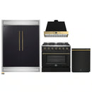Forno 4-Piece Appliance Package - 36-Inch Gas Range, Wall Mount Range Hood, 60-Inch Convertible Refrigerator with Modern Trim, and Dishwasher in Black with Antique Brass Handle