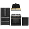 Forno Galiano 4-Piece Appliance Package - 36-Inch Gas Range, 36-Inch Hood, 36-Inch Refrigerator, & 24-Inch Dishwasher in Black with Antique Brass Trim
