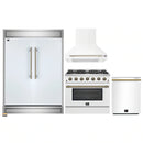 Forno 4-Piece Appliance Package - 36-Inch Gas Range, Wall Mount Range Hood, 60-Inch Built-In Convertible Refrigerator, and Dishwasher in White with Antique Brass Trim