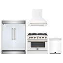 Forno 4-Piece Appliance Package - 36-Inch Gas Range, Wall Mount Range Hood, 60-Inch Built-In Convertible Refrigerator, and Dishwasher in White with Antique Brass Trim