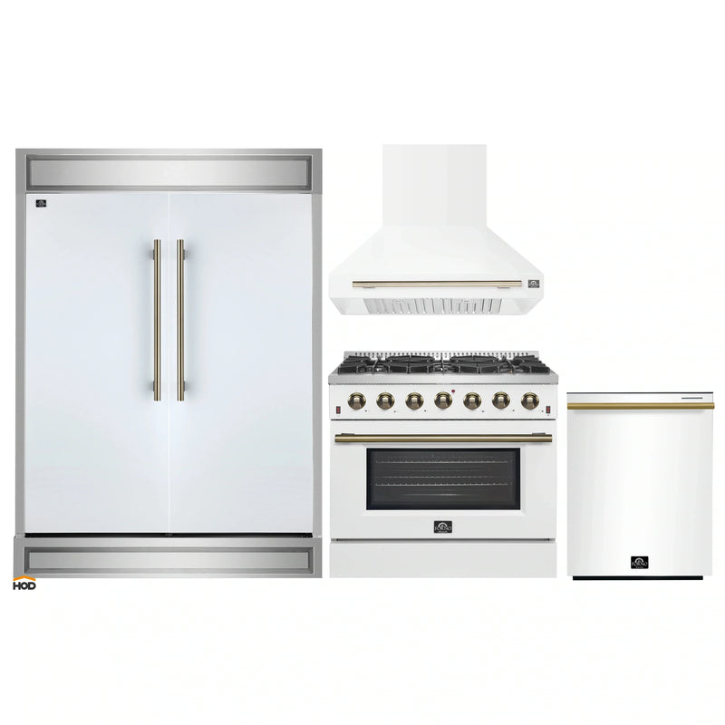 Forno 4-Piece Appliance Package - 36-Inch Gas Range, Wall Mount Range Hood, 60-Inch Built-In Convertible Refrigerator, and Dishwasher in White with Antique Brass Trim