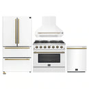 Forno 4-Piece Appliance Package - 36-Inch Gas Range, Wall Mount Range Hood, 36-Inch French Door Refrigerator, and Dishwasher in White with Antique Brass Handle