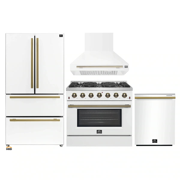 Forno 4-Piece Appliance Package - 36-Inch Gas Range, Wall Mount Range Hood, 36-Inch French Door Refrigerator, and Dishwasher in White with Antique Brass Handle