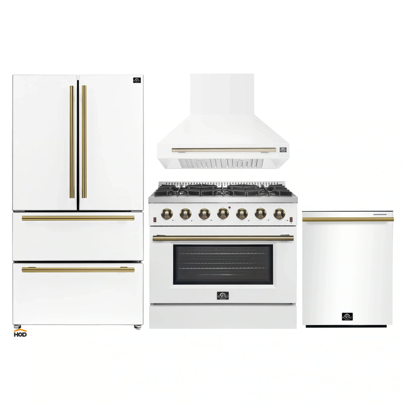Forno 4-Piece Appliance Package - 36-Inch Gas Range, Wall Mount Range Hood, 36-Inch French Door Refrigerator, and Dishwasher in White with Antique Brass Handle
