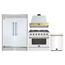Forno 4-Piece Appliance Package - 36-Inch Galiano Gas Range, Wall Mount Range Hood, 60-Inch Refrigerator, Dishwasher in White with Antique Brass Handle