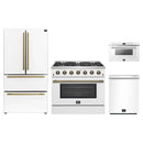 Forno 4-Piece Appliance Package - 36-Inch Gas Range, 36-Inch Refrigerator, 24-Inch Microwave Drawer, & Dishwasher in White with Antique Brass Handle