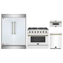 Forno 4-Piece Appliance Package - 36-Inch Gas Range, 60-Inch Refrigerator, Dishwasher, & 30-Inch Microwave Drawer in White with Antique Brass Handle