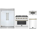 Forno 4-Piece Appliance Package - 36-Inch Galiano Gas Range, 60-Inch Refrigerator, Dishwasher, & 30-Inch Microwave Drawer in White with Antique Brass Handle