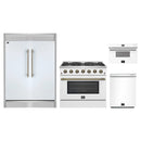Forno 4-Piece Appliance Package - 36-Inch Galiano Gas Range, 60-Inch Refrigerator, Dishwasher, & 30-Inch Microwave Drawer in White with Antique Brass Handle