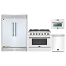Forno 4-Piece Appliance Package - 36-Inch Galiano Gas Range, 60-Inch Refrigerator, Dishwasher, & 24-Inch Microwave Oven in White with Antique Brass Handle