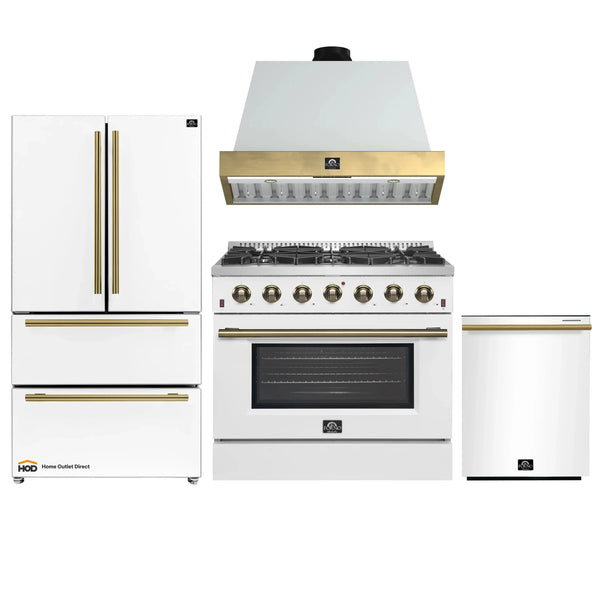 Forno Galiano 4-Piece Appliance Package - 36-Inch Gas Range, 36-Inch Hood, 36-Inch Refrigerator, & 24-Inch Dishwasher in White with Antique Brass Trim