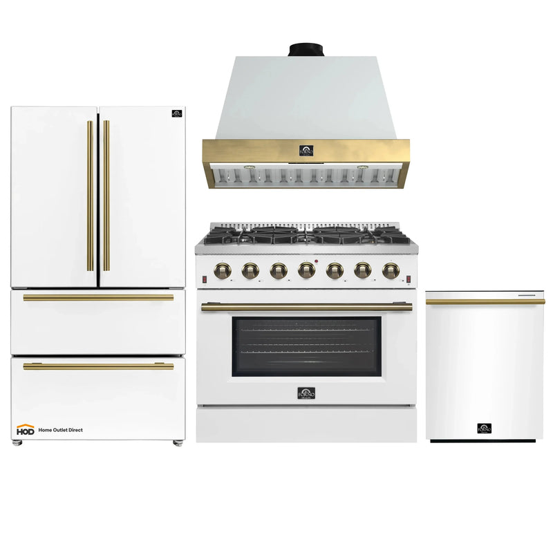 Forno Galiano 4-Piece Appliance Package - 36-Inch Gas Range, 36-Inch Hood, 36-Inch Refrigerator, & 24-Inch Dishwasher in White with Antique Brass Trim