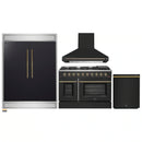 Forno 4-Piece Appliance Package - 48-Inch Gas Range, Wall Mount Range Hood, 60-Inch Built-In Convertible Refrigerator, and Dishwasher in Black with Antique Brass Handle