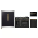 Forno 4-Piece Appliance Package - 48-Inch Gas Range, 60-Inch Convertible Refrigerator with Modern Trim, Dishwasher, and 24-Inch Microwave Drawer in Black with Antique Brass Handle