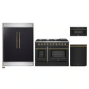 Forno 4-Piece Appliance Package - 48-Inch Gas Range, 60-Inch Convertible Refrigerator with Modern Trim, Dishwasher, and 30-Inch Microwave Drawer in Black with Antique Brass Handle