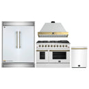 Forno 4-Piece Appliance Package - 48-Inch Gas Range, Wall Mount Range Hood, 60-Inch Refrigerator, Dishwasher in White with Antique Brass Handle