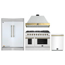 Forno 4-Piece Appliance Package - 48-Inch Galiano Gas Range, Wall Mount Range Hood, 60-Inch Refrigerator, Dishwasher in White with Antique Brass Handle