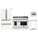 Forno 4-Piece Appliance Package - 48-Inch Gas Range, 36-Inch Refrigerator, 24-Inch Microwave Drawer, & Dishwasher in White with Antique Brass Handle