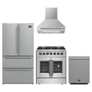 Forno 4-Piece Appliance Package - 30-Inch Galiano French Door Dual Fuel Range, Wall Mount Range Hood, 36-Inch Refrigerator, and Dishwasher in Stainless Steel