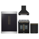 Forno 4-Piece Appliance Package - 30-Inch Galiano French Door Dual Fuel Range, Wall Mount Range Hood, 60-Inch Refrigerator, and Dishwasher in Black with Antique Brass Handle