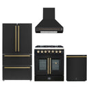 Forno 4-Piece Appliance Package - 30-Inch Galiano French Door Dual Fuel Range, Wall Mount Range Hood, 36-Inch Refrigerator, and Dishwasher in Black with Antique Brass Handle