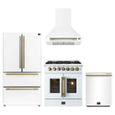 Forno 4-Piece Appliance Package - 30-Inch Galiano French Door Dual Fuel Range, Wall Mount Range Hood, 36-Inch Refrigerator, and Dishwasher in White with Antique Brass Handle