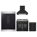 Forno 4-Piece Appliance Package - 36-Inch Galiano French Door Dual Fuel Range, Wall Mount Range Hood, 60-Inch Refrigerator, and Dishwasher in Black with Antique Brass Handle