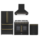 Forno 4-Piece Appliance Package - 36-Inch Galiano French Door Dual Fuel Range, Wall Mount Range Hood, 36-Inch Refrigerator, and Dishwasher in Black with Antique Brass Handle