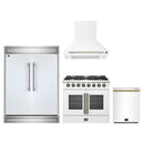 Forno 4-Piece Appliance Package - 36-Inch Galiano French Door Dual Fuel Range, Wall Mount Range Hood, 60-Inch Refrigerator, and Dishwasher in White with Antique Brass Handle