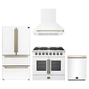 Forno 4-Piece Appliance Package - 36-Inch Galiano French Door Dual Fuel Range, Wall Mount Range Hood, 36-Inch Refrigerator, and Dishwasher in White with Antique Brass Handle