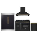 Forno 4-Piece Appliance Package - 48-Inch Galiano French Door Dual Fuel Range, Wall Mount Range Hood, 60-Inch Refrigerator, and Dishwasher in Black with Antique Brass Handle