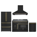 Forno 4-Piece Appliance Package - 48-Inch Galiano French Door Dual Fuel Range, Wall Mount Range Hood, 36-Inch Refrigerator, and Dishwasher in Black with Antique Brass Handle