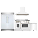 Forno 4-Piece Appliance Package - 48-Inch Galiano French Door Dual Fuel Range, Wall Mount Range Hood, 60-Inch Refrigerator, and Dishwasher in White with Antique Brass Handle