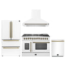 Forno 4-Piece Appliance Package - 48-Inch Galiano French Door Dual Fuel Range, Wall Mount Range Hood, 36-Inch Refrigerator, and Dishwasher in White with Antique Brass Handle