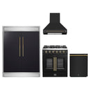 Forno 4-Piece Appliance Package - 30-Inch Galiano French Door Gas Range, Wall Mount Range Hood, 60-Inch Refrigerator, and Dishwasher in Black with Antique Brass Handle