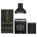 Forno 4-Piece Appliance Package - 30-Inch Galiano French Door Gas Range, Wall Mount Range Hood, 36-Inch Refrigerator, and Dishwasher in Black with Antique Brass Handle