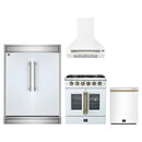 Forno 4-Piece Appliance Package - 30-Inch Galiano French Door Gas Range, Wall Mount Range Hood, 60-Inch Refrigerator, and Dishwasher in White with Antique Brass Handle