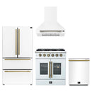 Forno 4-Piece Appliance Package - 30-Inch Galiano French Door Gas Range, Wall Mount Range Hood, 36-Inch Refrigerator, and Dishwasher in White with Antique Brass Handle