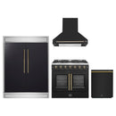Forno 4-Piece Appliance Package - 36-Inch Galiano French Door Gas Range, Wall Mount Range Hood, 60-Inch Refrigerator, and Dishwasher in Black with Antique Brass Handle
