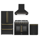 Forno 4-Piece Appliance Package - 36-Inch Galiano French Door Gas Range, Wall Mount Range Hood, 36-Inch Refrigerator, and Dishwasher in Black with Antique Brass Handle