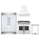 Forno 4-Piece Appliance Package - 36-Inch Galiano French Door Gas Range, Wall Mount Range Hood, 60-Inch Refrigerator, and Dishwasher in White with Antique Brass Handle
