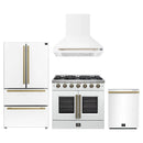 Forno 4-Piece Appliance Package - 36-Inch Galiano French Door Gas Range, Wall Mount Range Hood, 36-Inch Refrigerator, and Dishwasher in White with Antique Brass Handle