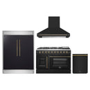 Forno 4-Piece Appliance Package - 48-Inch Galiano French Door Gas Range, Wall Mount Range Hood, 60-Inch Refrigerator, and Dishwasher in Black with Antique Brass Handle